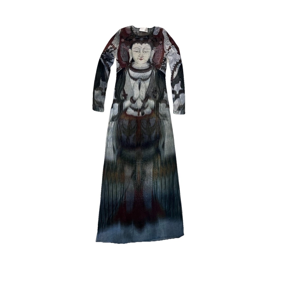 RARE 1997 VIVIENNE TAM CACHÉ SHEER MESH MAXI QUAN YIN PRINT BUDDHA L/S DRESS - Picture 2 of 10